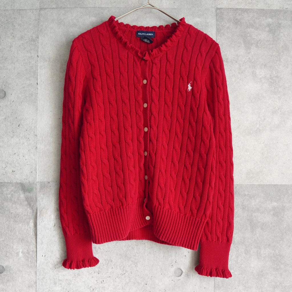 ポロ ラルフローレン フリル ケーブル編み コットン ニット カーディガン レッド レディース