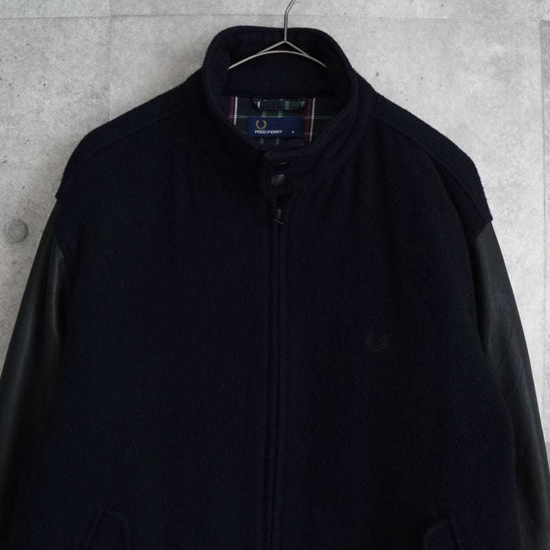 フレッドペリー ロゴ刺繍 レザー切り替え ウールブルゾン ブラック