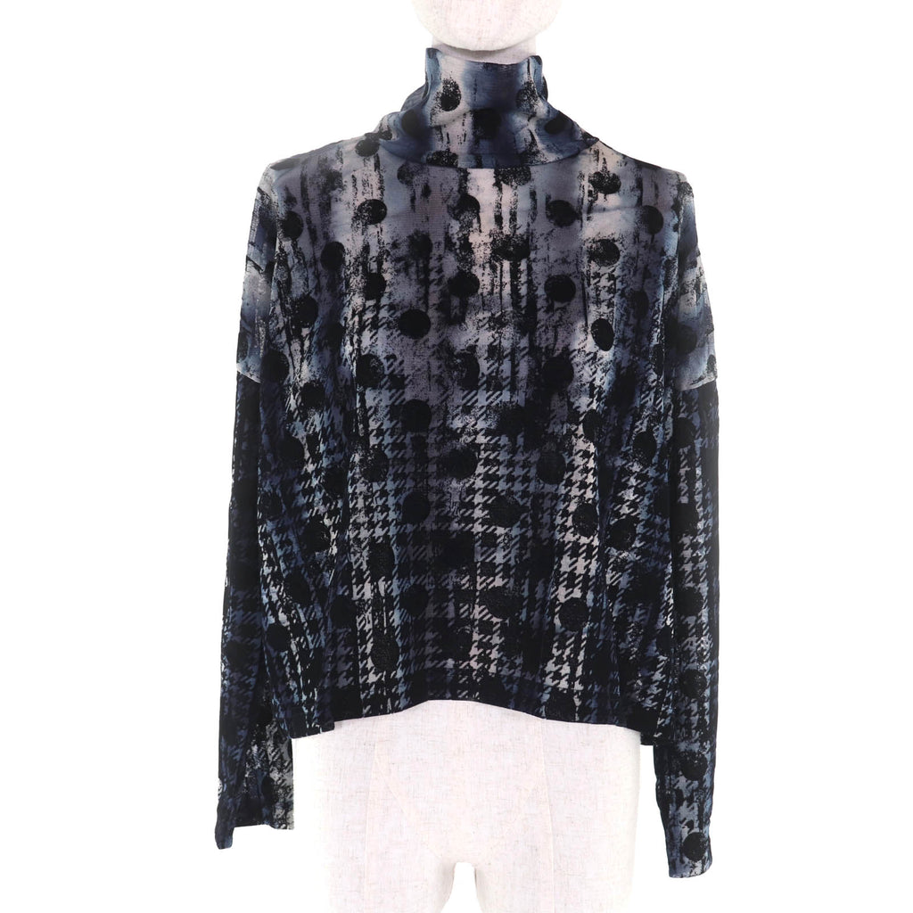 ワイズ 千鳥水玉フロッキープリント シアー ロングスリーブ ハイネック カットソー ネイビー 2 レディース