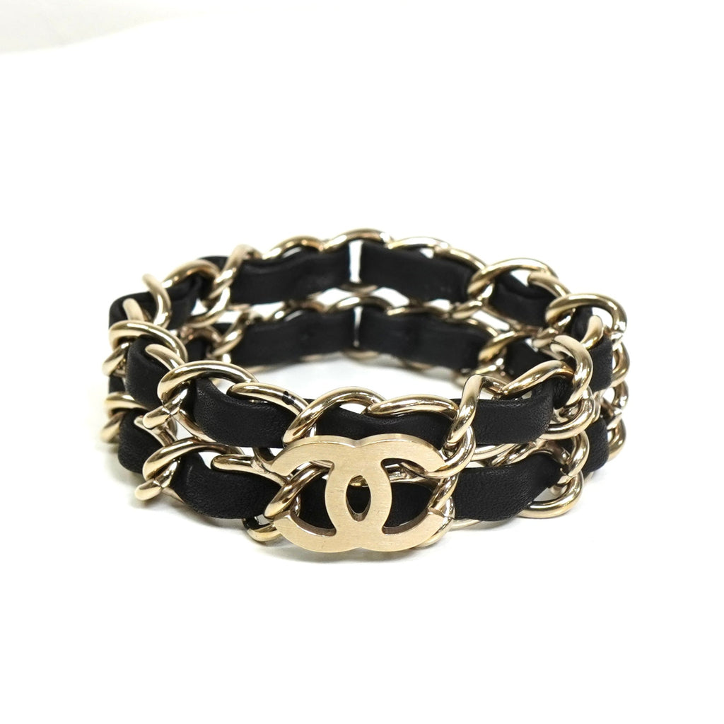 シャネル ココマーク レザー 2連チェーン ブレスレット ブラック / GP
