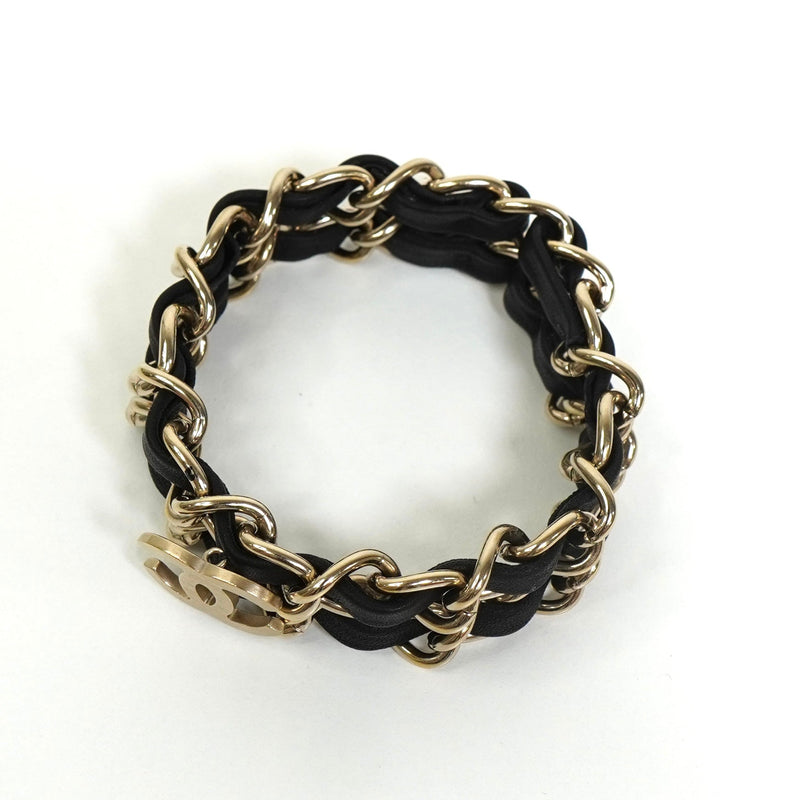 シャネル ココマーク レザー 2連チェーン ブレスレット ブラック / GP - NEWSED