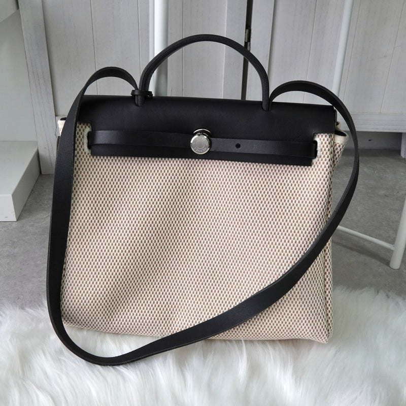 エルメス 2003年製 エールバッグPM レザー × トワルオフィシエ / トワルアッシュ □G刻 2way ハンドバッグ ショルダーバッグ ブラック / ベージュ - NEWSED