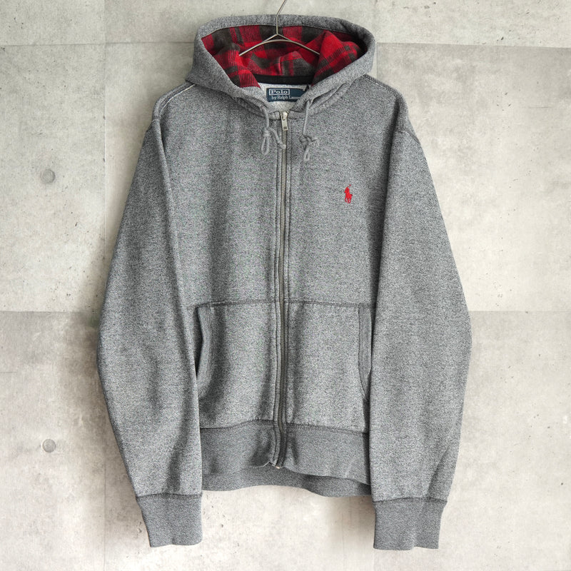ポロ ラルフローレン スモールポニーロゴ チェック柄 フルジップ パーカー グレー