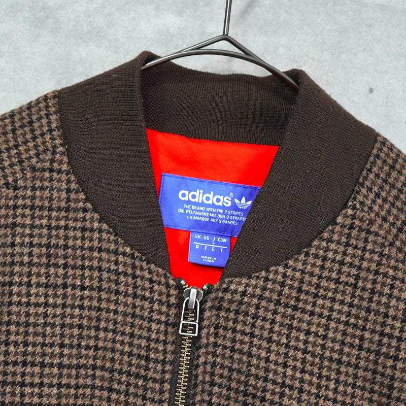 アディダス トレフォイルロゴ 千鳥格子柄 ウールジャケット ブルゾン ブラウン