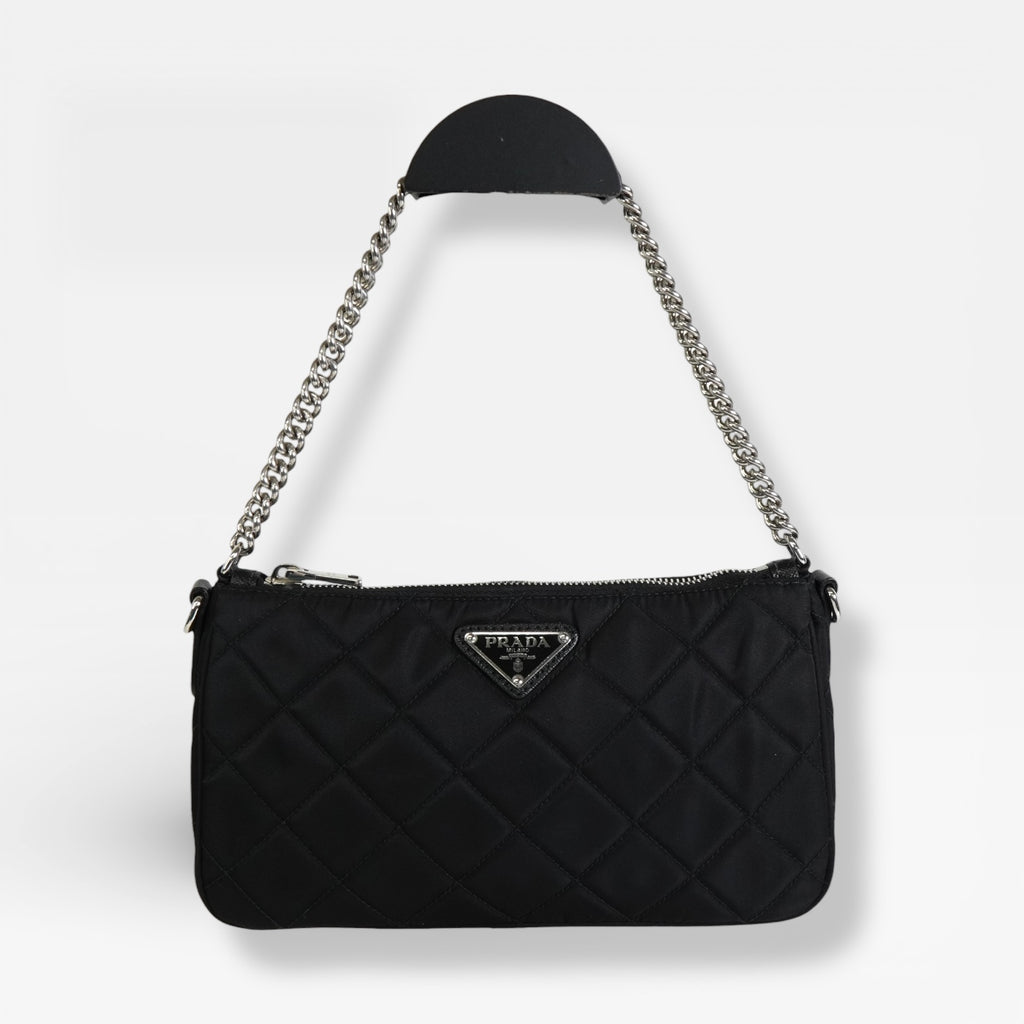 プラダ キルティング トライアングルロゴ テスート ナイロン 2way ショルダーバッグ チェーン ハンドバッグ ブラック