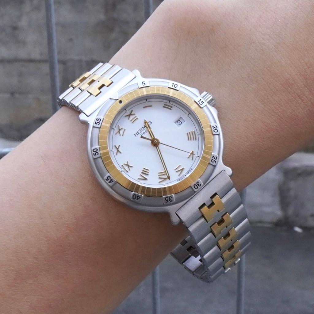 エルメス キャプテンニモ 261973 SS × GP / QZ 白文字盤 腕時計 シルバー / ゴールド OH済み