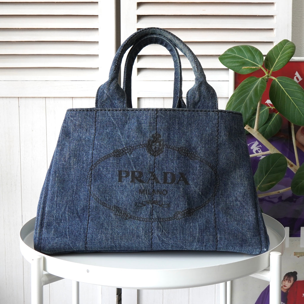 Prada Canapa 蓝色三角形标志牛仔布托特包