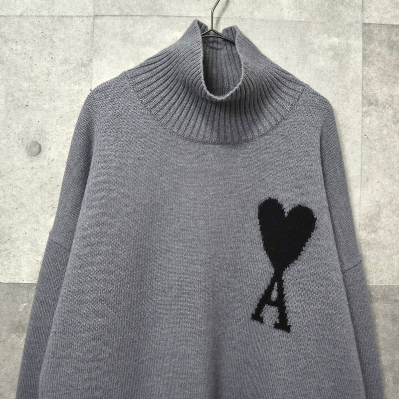 アミパリ アミ パリス ハートロゴ タートルネック ニット グレー