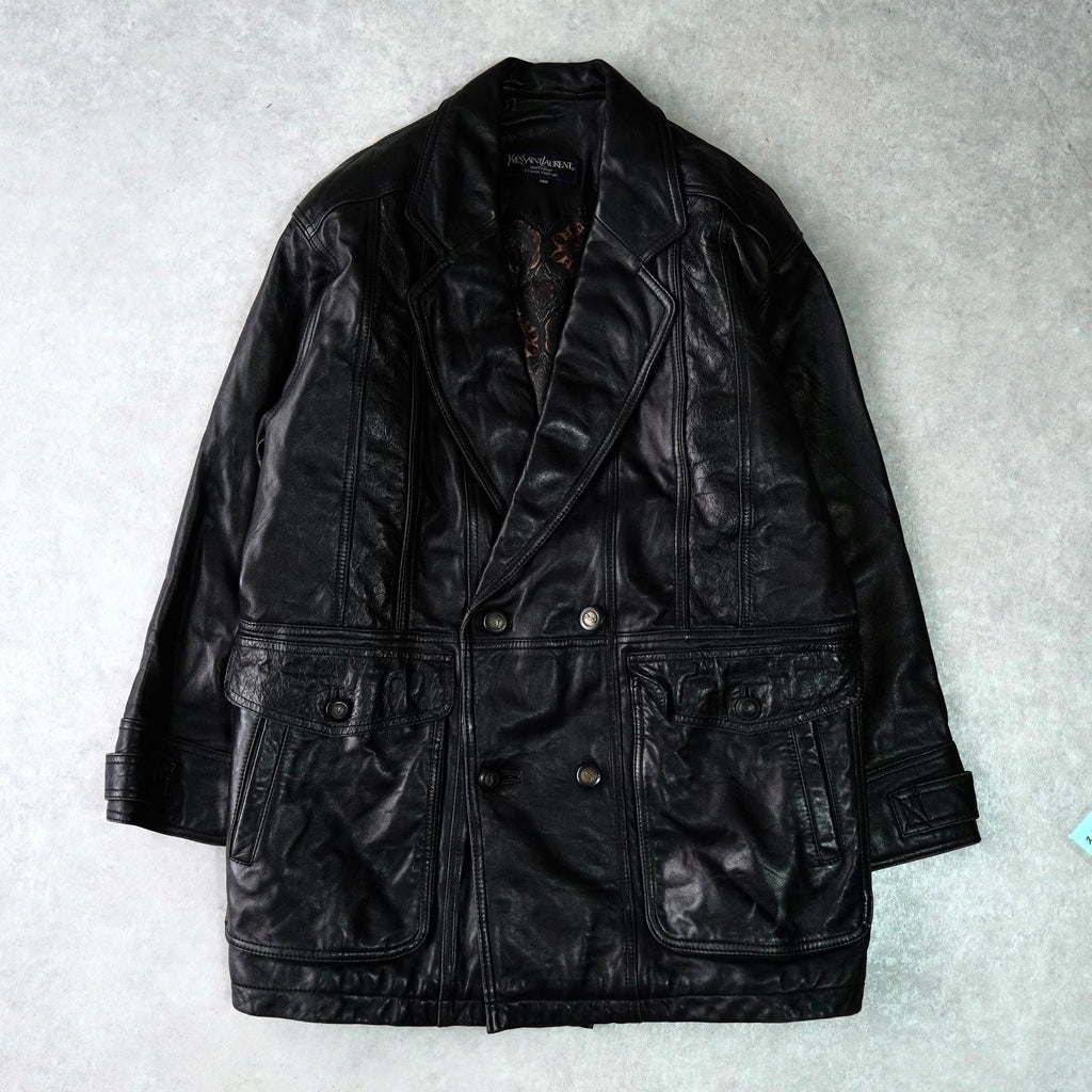 イヴ サンローラン ヴィンテージ 総裏地 YSLロゴボタン レザージャケット レザーブルゾン ブラック