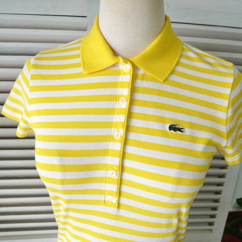 Lacoste 女款黄/白 Live Logo 贴片条纹 Polo 衫