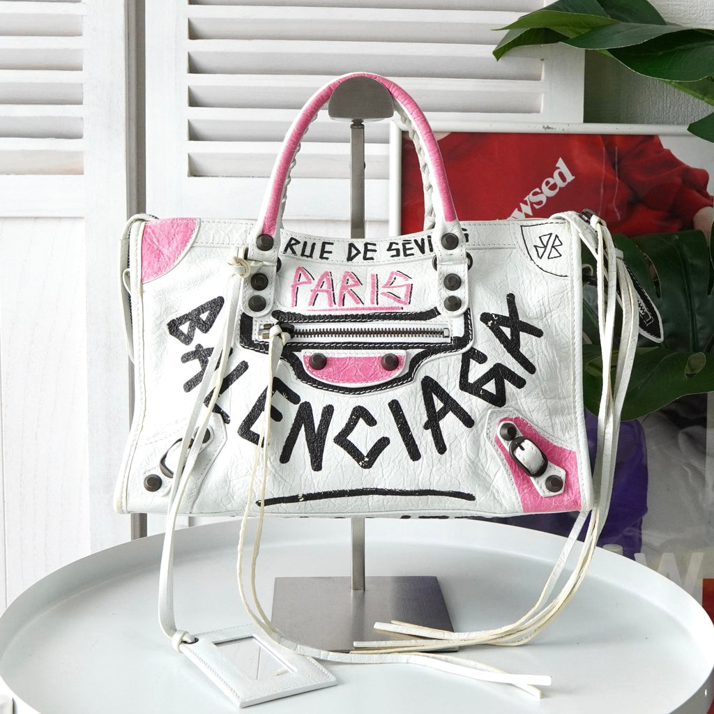 Balenciaga Classic City 皮革涂鸦两用手提包/单肩包（白色）