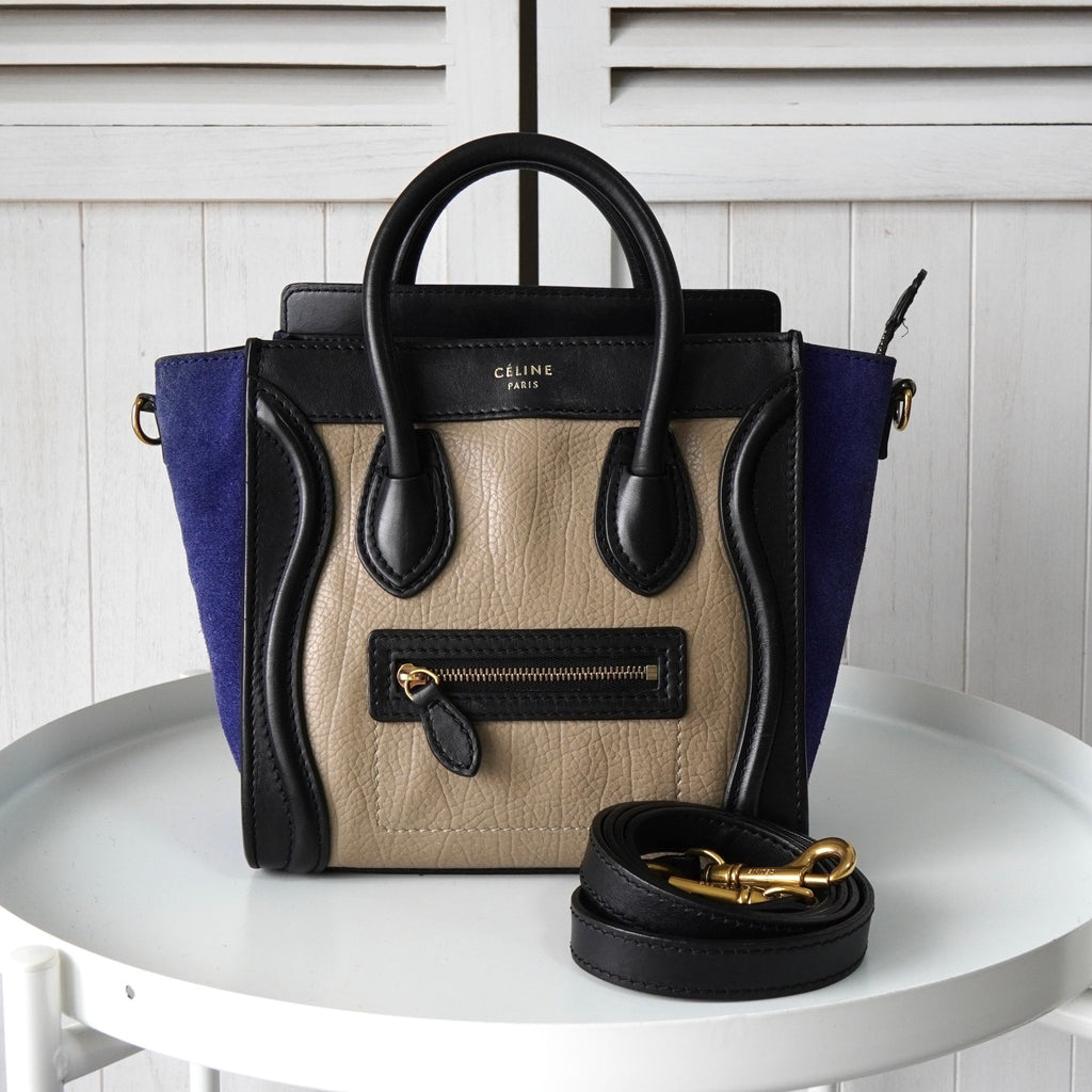 Celine Luggage 纳米皮革两用包（米色、黑色和蓝色）