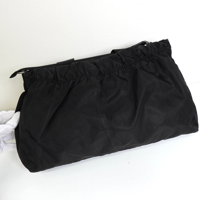 プラダ テスート ポコノ ナイロン トライアングルロゴ ギャザー 2way ハンドバッグ ショルダーバッグ ブラック - NEWSED