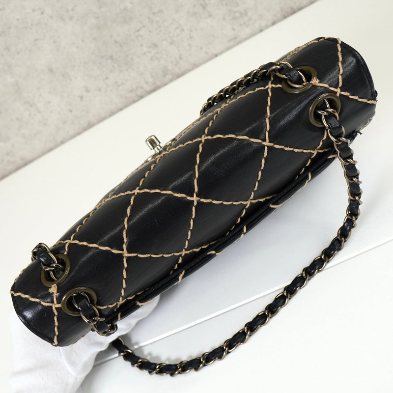 シャネル ココマーク ワイルドステッチ カーフスキン 2way チェーンショルダーバッグ ハンドバッグ ブラック - NEWSED