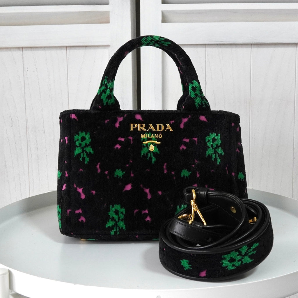 プラダ カナパ パイル 花柄 2way ハンドバッグ ショルダーバッグ ブラック