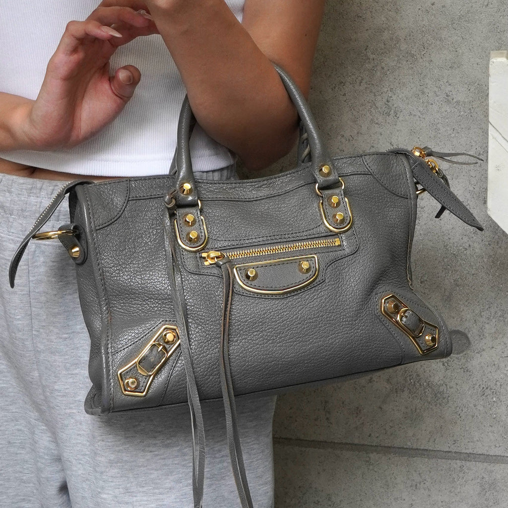 バレンシアガ メタリック エッジ シティ レザー 2way ハンドバッグ ショルダーバッグ グレー