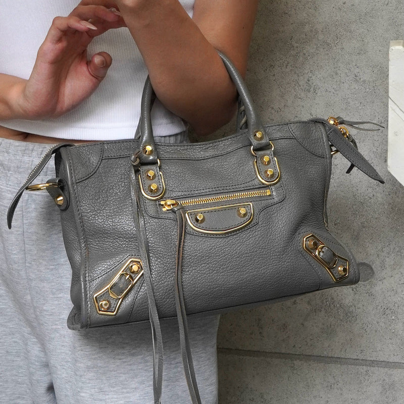 バレンシアガ メタリック エッジ シティ レザー 2way ハンドバッグ ショルダーバッグ グレー - NEWSED