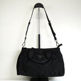 プラダ テスート ポコノ ナイロン トライアングルロゴ ギャザー 2way ハンドバッグ ショルダーバッグ ブラック - NEWSED