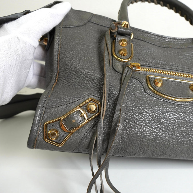 バレンシアガ メタリック エッジ シティ レザー 2way ハンドバッグ ショルダーバッグ グレー - NEWSED