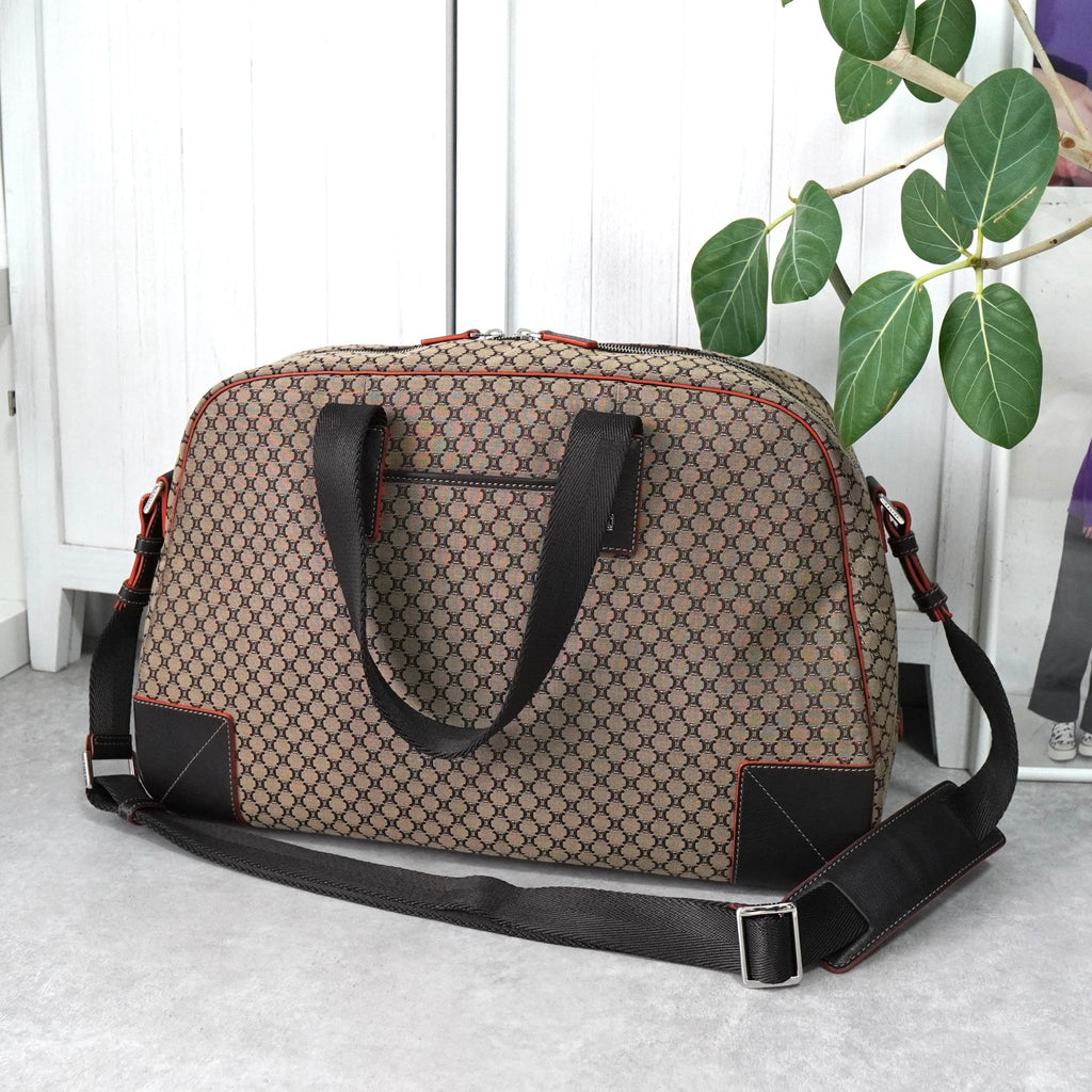 セリーヌ マカダム キャンバス / レザー 2way ボストンバッグ ベージュ / ブラウン