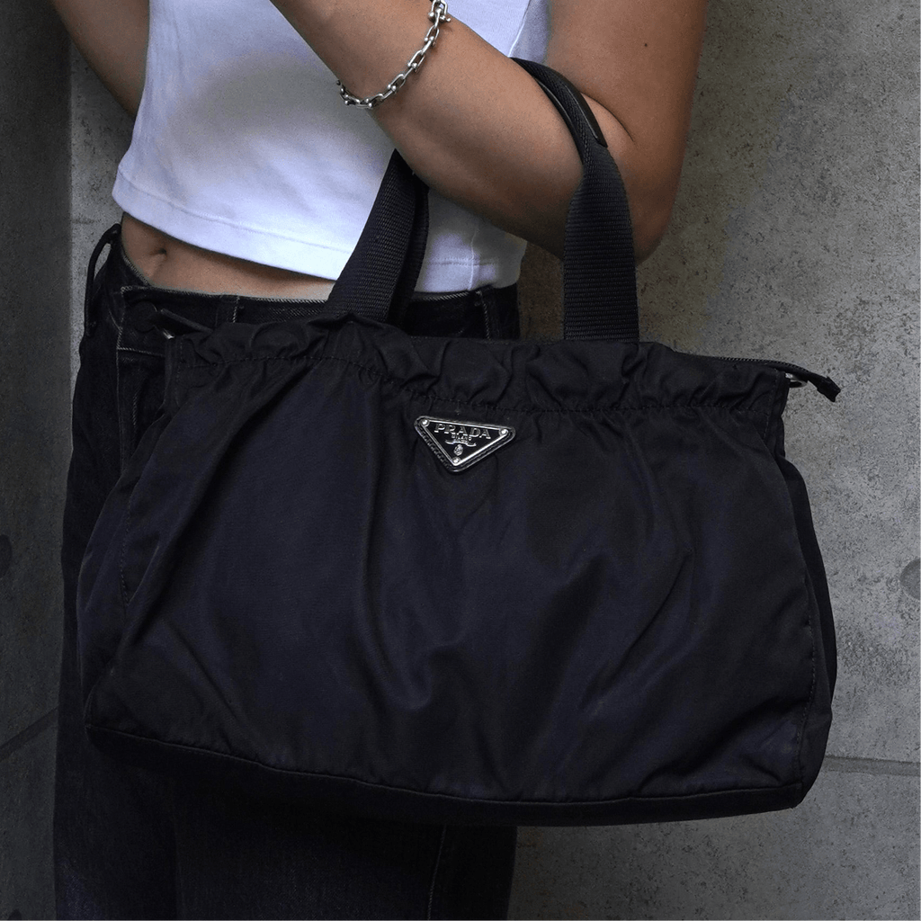 プラダ テスート ポコノ ナイロン トライアングルロゴ ギャザー 2way ハンドバッグ ショルダーバッグ ブラック