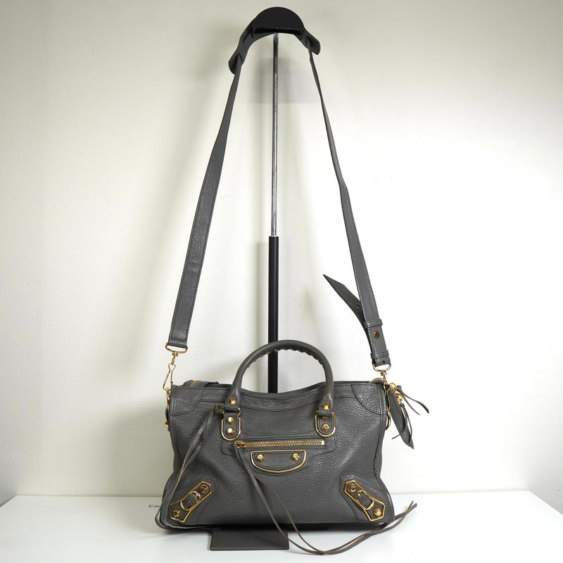 バレンシアガ メタリック エッジ シティ レザー 2way ハンドバッグ ショルダーバッグ グレー - NEWSED