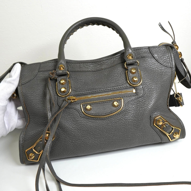 バレンシアガ メタリック エッジ シティ レザー 2way ハンドバッグ ショルダーバッグ グレー - NEWSED