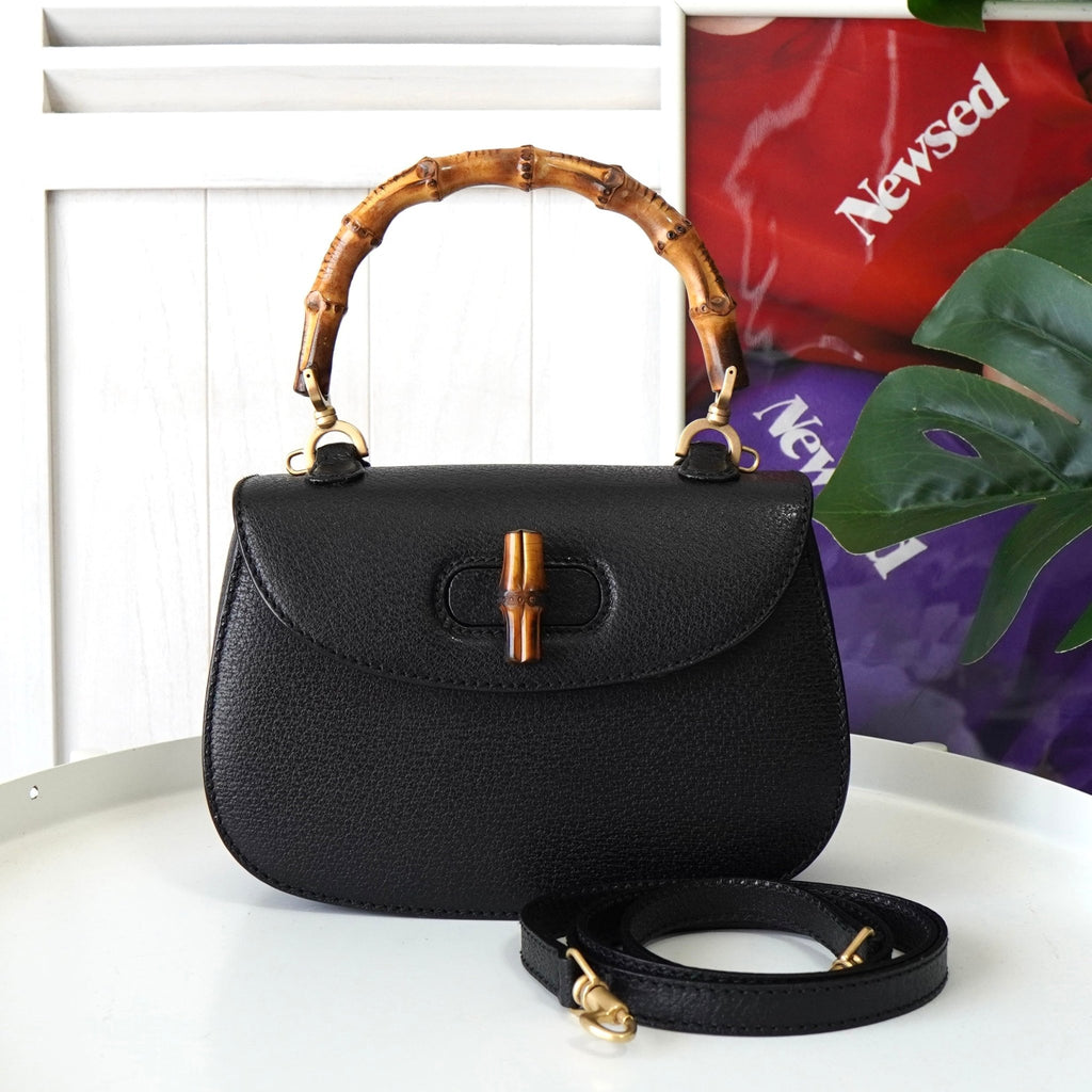 Gucci 黑色竹节皮革两用手提包/单肩包