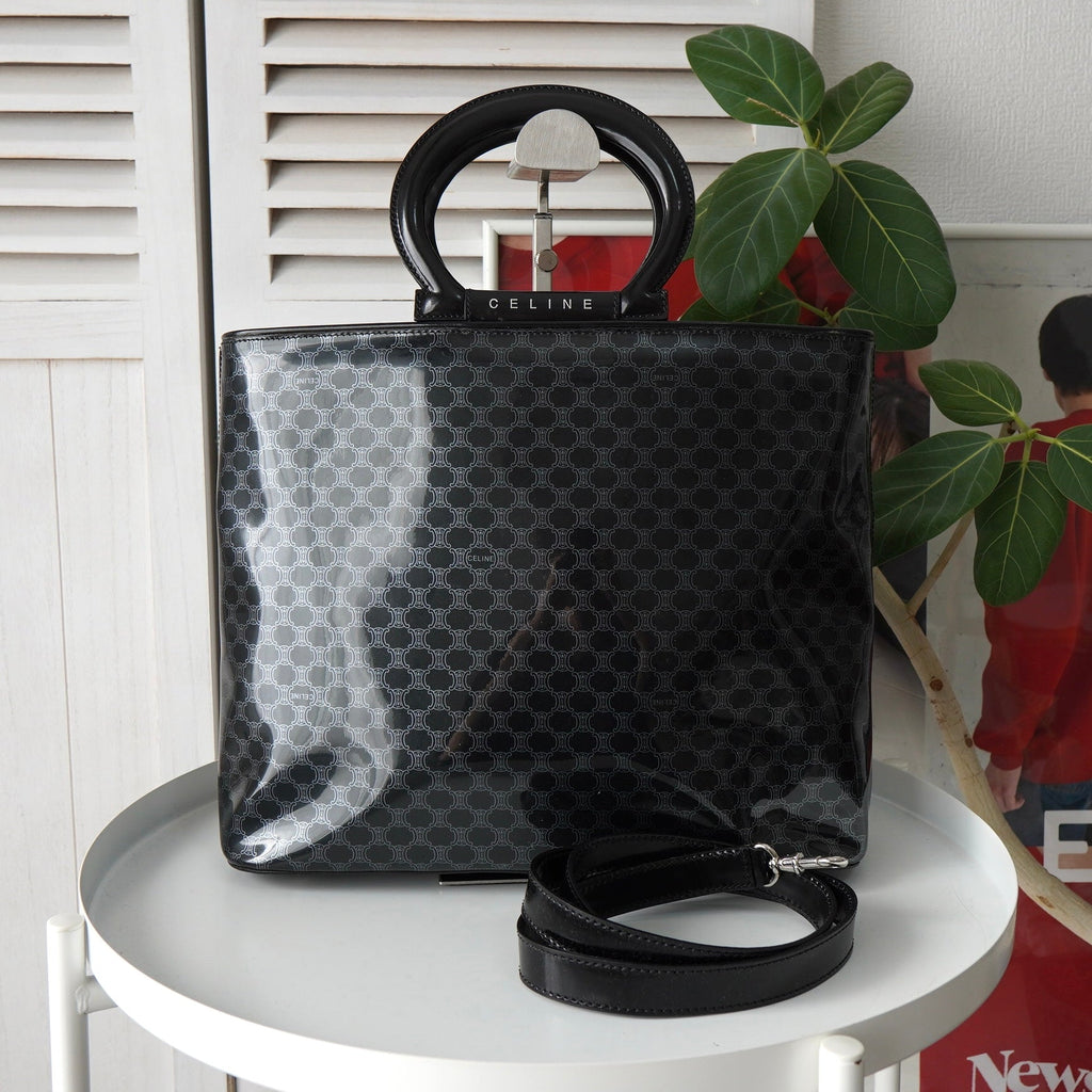 Celine Macadam Patent Leather 2-way Handbag Shoulder Bag A4 Storage Black