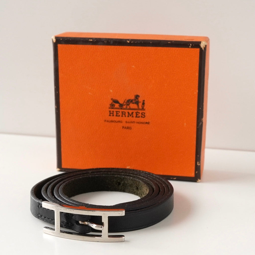 エルメス アピ3 レザー ブレスレット シルバー/ブラック 箱付き