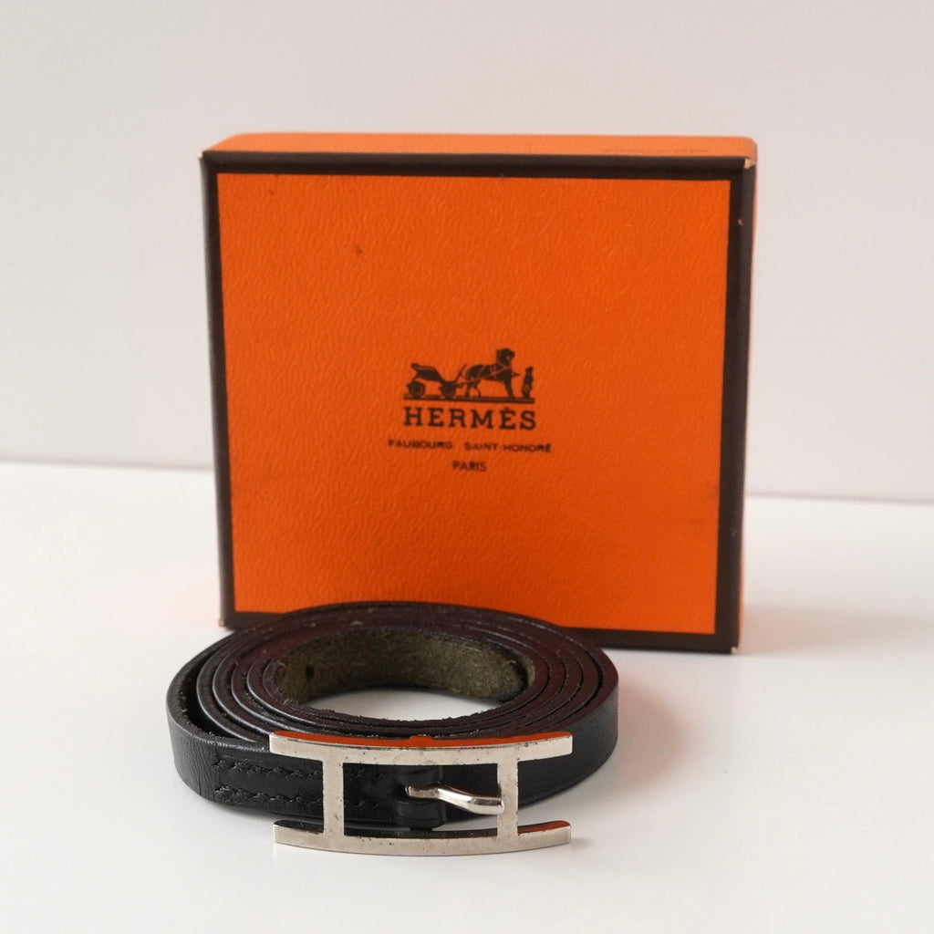 エルメス アピ3 レザー ブレスレット シルバー/ブラック □E刻印 箱付き