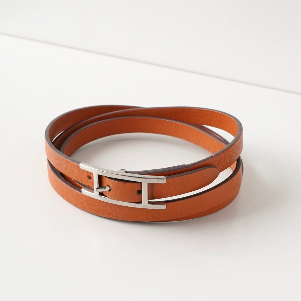 HERMES エルメス アピ3 ブレスレット バングル ブラウン レザー エルメス アピ レザー バングル ブラウン×シルバー