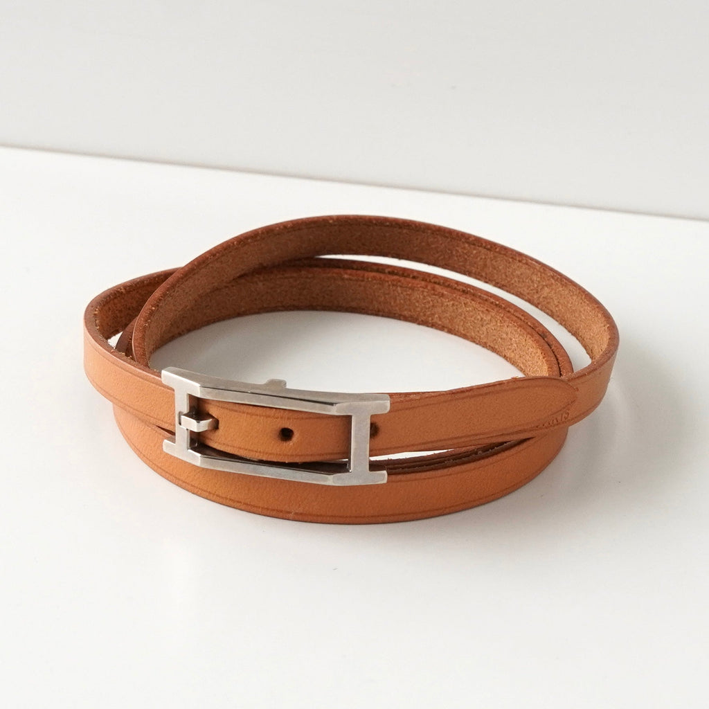 HERMES ブラウンレザーブレスレットシルバーバックル