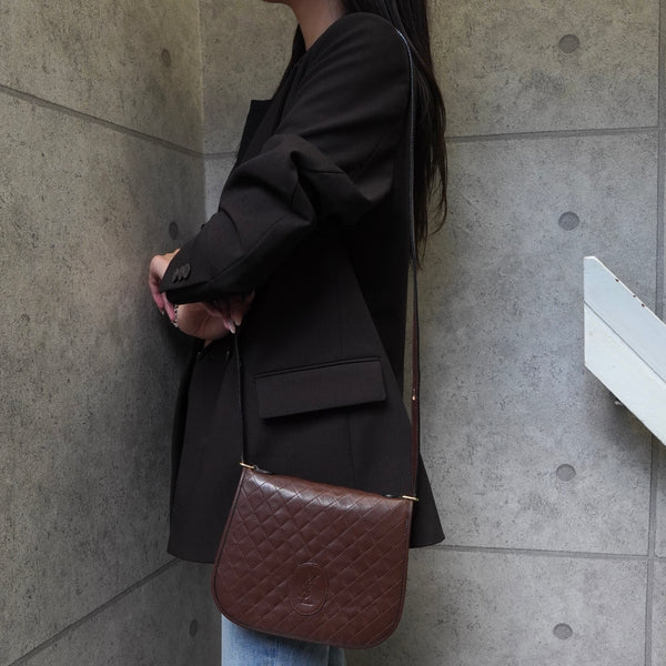 イヴサンローラン ヴィンテージ YSLロゴ キルティング レザー ショルダーバッグ ブラウン