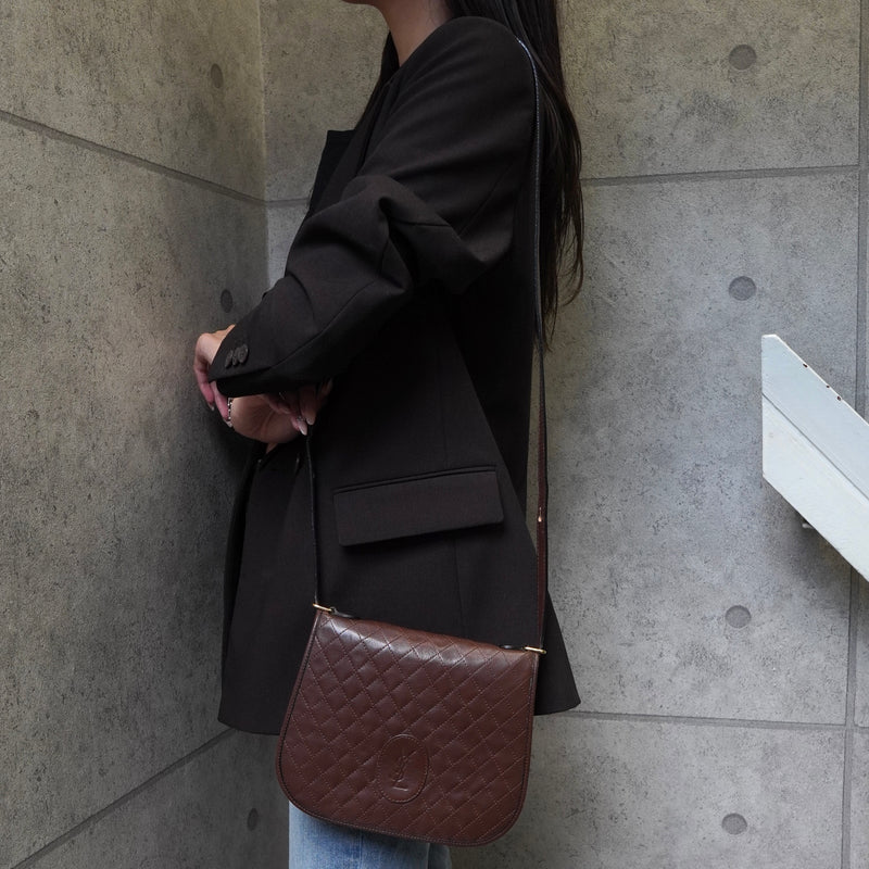 イヴサンローラン ヴィンテージ YSLロゴ キルティング レザー ショルダーバッグ ブラウン