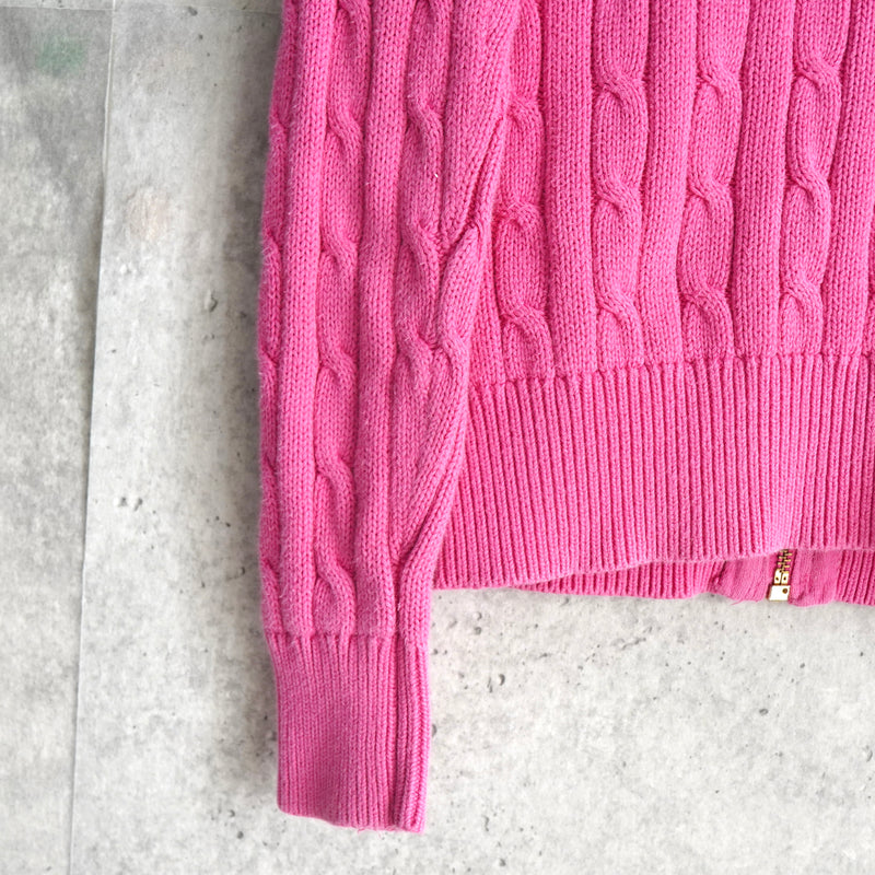 ポロ ラルフローレン スモールポニーロゴ ケーブル編み フルジップ ニット ピンク レディース