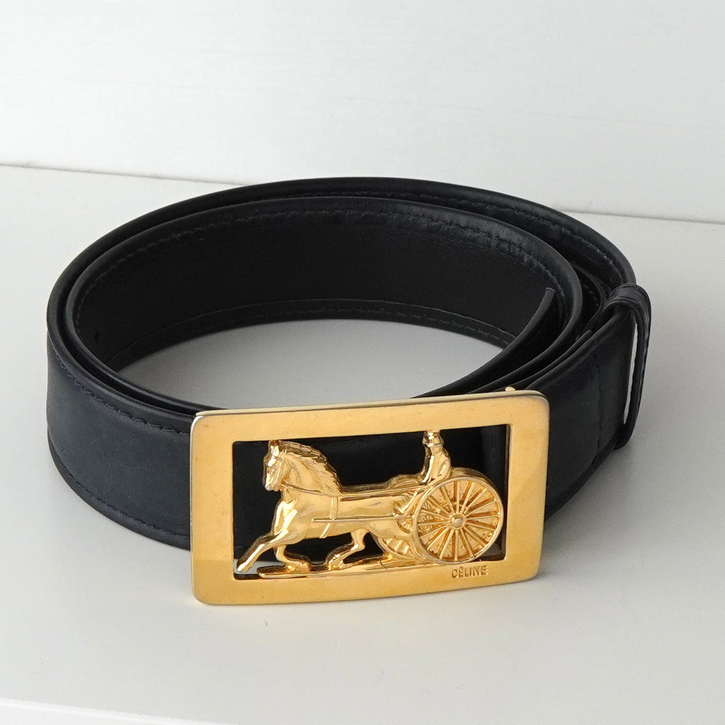 セリーヌ ヴィンテージ サルキー 輪馬車 GP バックル レザー ベルト ネイビー / ゴールド レディース