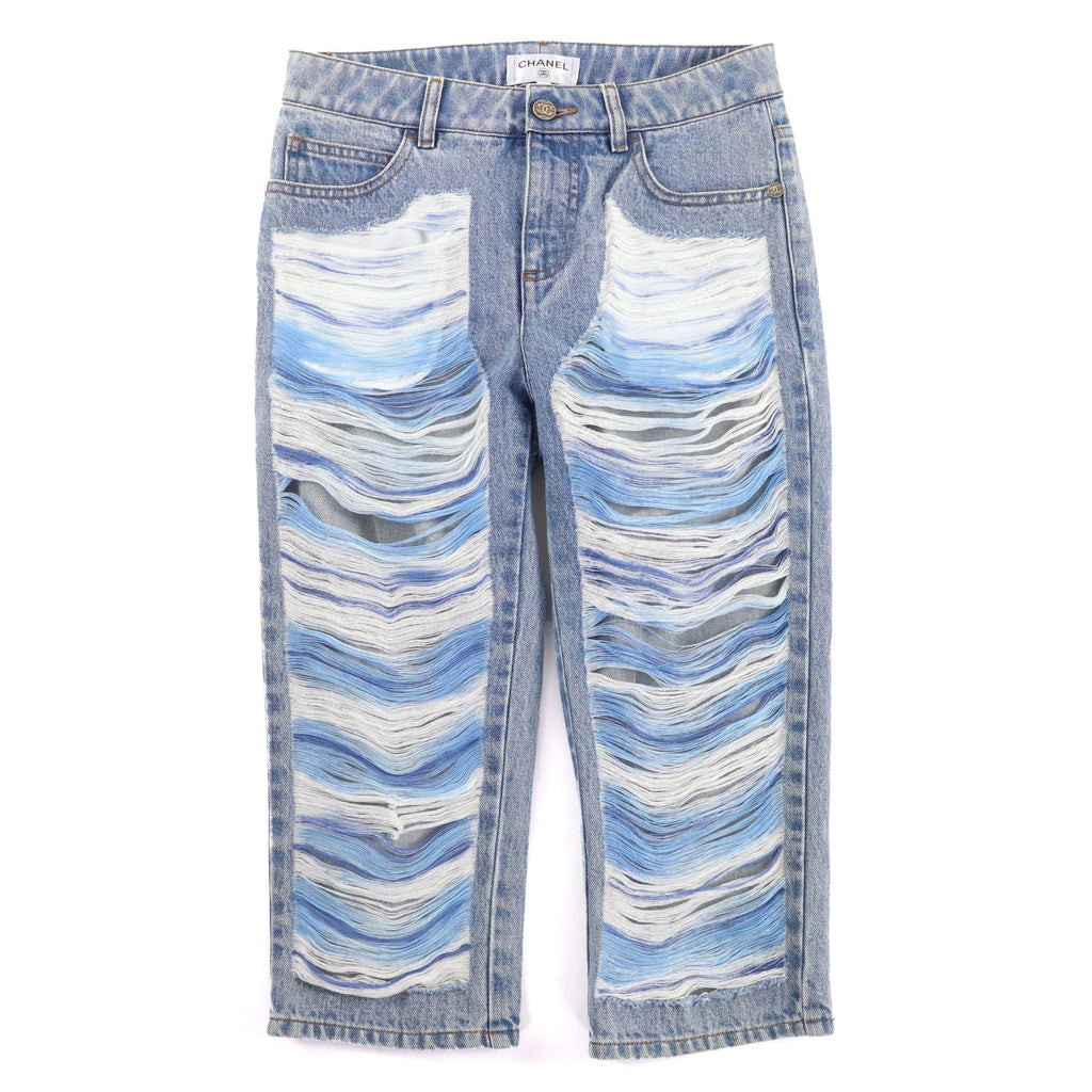 シャネル ココマークボタン ダメージチュール クロップド デニムパンツ デニムパンツ インディゴブルー 36 レディース