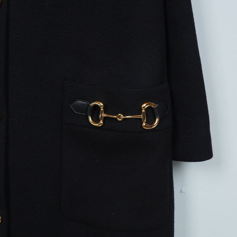 グッチ ホースビット ゴールドボタン マオカラー ウール ロングコート レディース ブラック