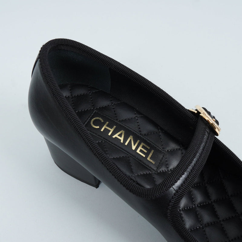 シャネル バレリーナ メリージェーン チャンキーヒール パンプス ブラック 37 1/2C / 24.0cm〜24.5cm - NEWSED