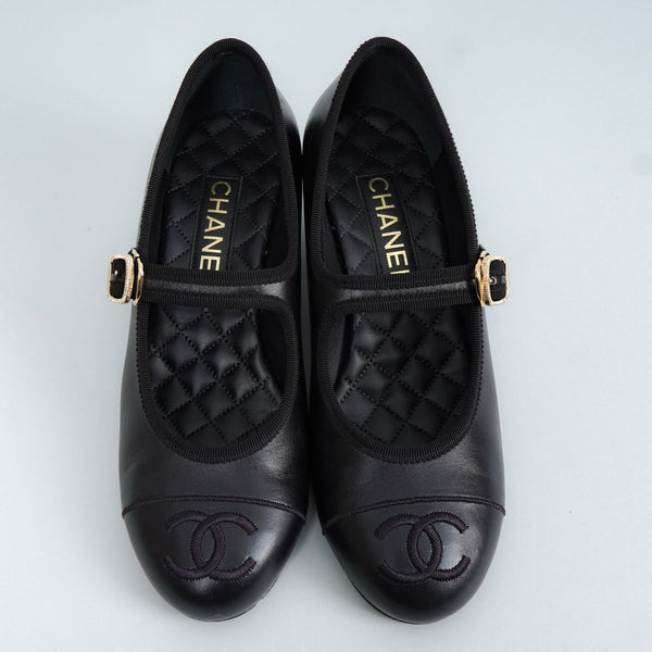 シャネル バレリーナ メリージェーン チャンキーヒール パンプス ブラック 37 1/2C / 24.0cm〜24.5cm - NEWSED