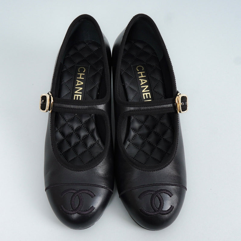 シャネル バレリーナ メリージェーン チャンキーヒール パンプス ブラック 37 1/2C / 24.0cm〜24.5cm - NEWSED