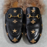 グッチ プリンスタウン ホースビット スター ファー レザー ミュール ブラック 箱付き 37サイズ - NEWSED