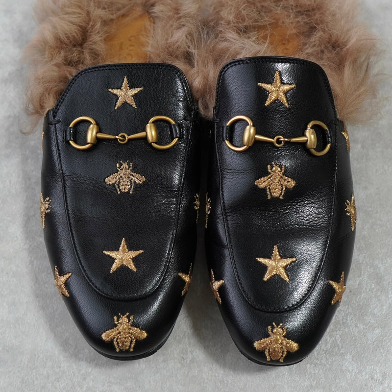 グッチ プリンスタウン ホースビット スター ファー レザー ミュール ブラック 箱付き 37サイズ - NEWSED