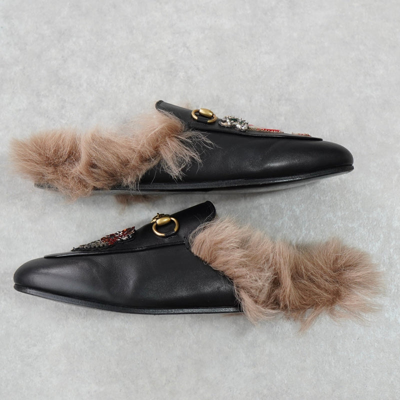 グッチ プリンスタウン ホースビット ファー レザー ミュール ブラック 箱付き 37サイズ - NEWSED