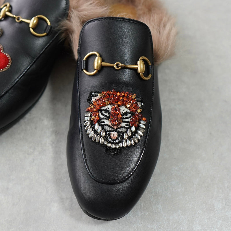 グッチ プリンスタウン ホースビット ファー レザー ミュール ブラック 箱付き 37サイズ - NEWSED