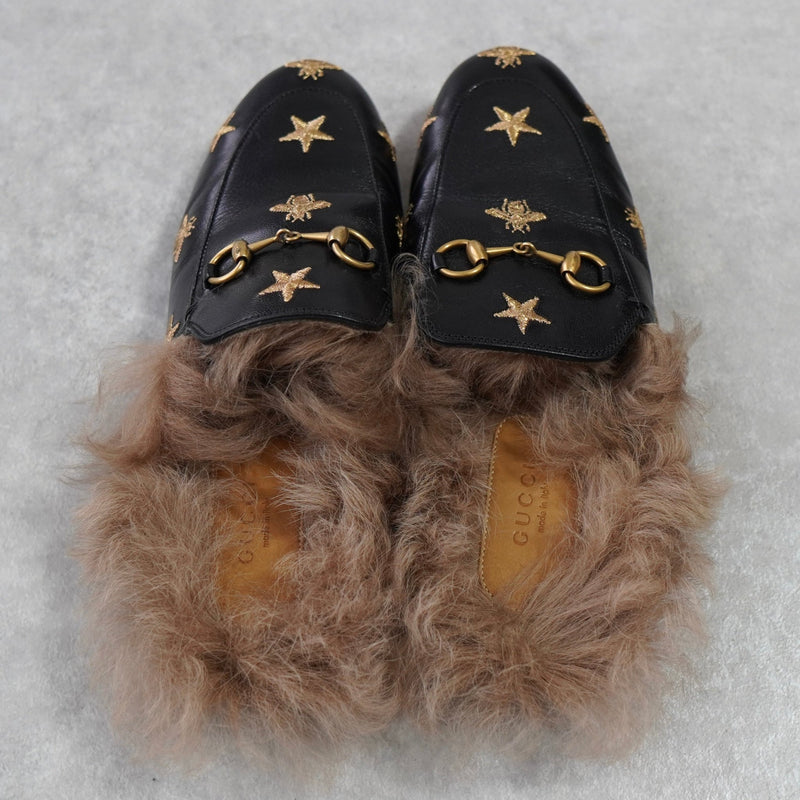 グッチ プリンスタウン ホースビット スター ファー レザー ミュール ブラック 箱付き 37サイズ - NEWSED