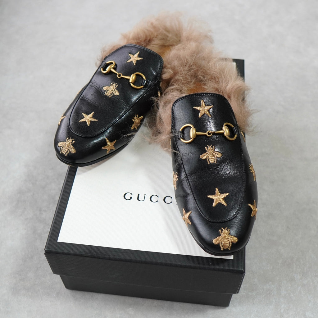 グッチ プリンスタウン ホースビット スター ファー レザー ミュール ブラック 箱付き 37サイズ