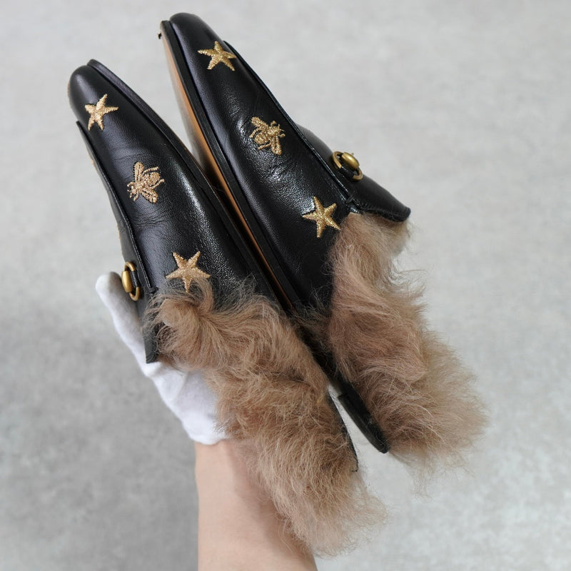 グッチ プリンスタウン ホースビット スター ファー レザー ミュール ブラック 箱付き 37サイズ - NEWSED