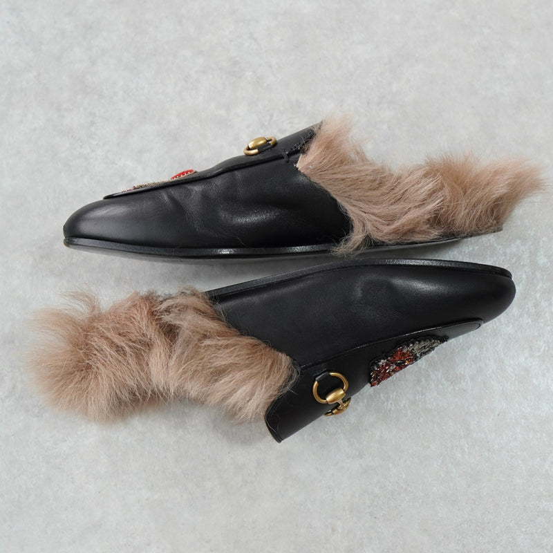 グッチ プリンスタウン ホースビット ファー レザー ミュール ブラック 箱付き 37サイズ - NEWSED